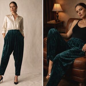 Vintage 90s Emerald Velvet Tapered Pants 26/28 High Waist Relaxed Fit USA Made